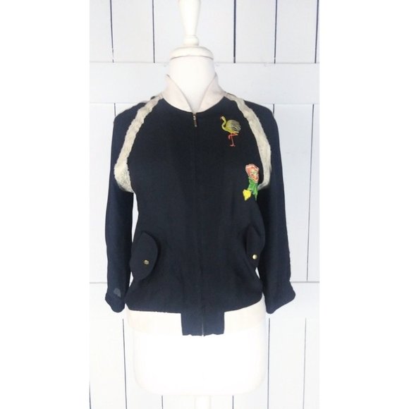 90s vintage black silk lace embroidered patch flight bomber jacket lightweight - Picture 4 of 5